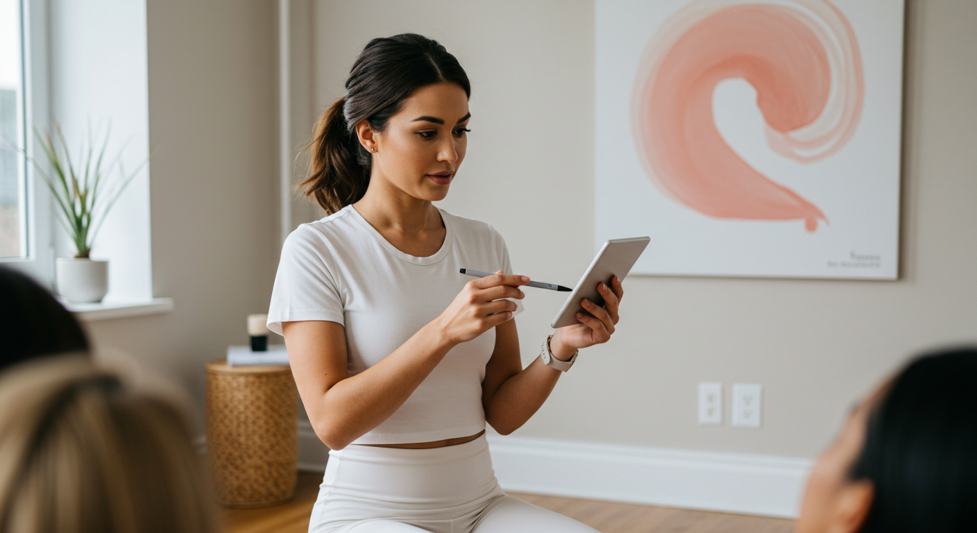 A wellness brand owner thoughtfully engaging with clients in a calm studio space, focusing on building genuine connections rather than promoting flashy trends.