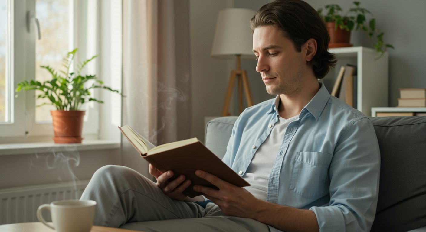 A calm individual journaling with a cup of tea by their side, practicing emotional regulation skills through mindfulness and reflection.
