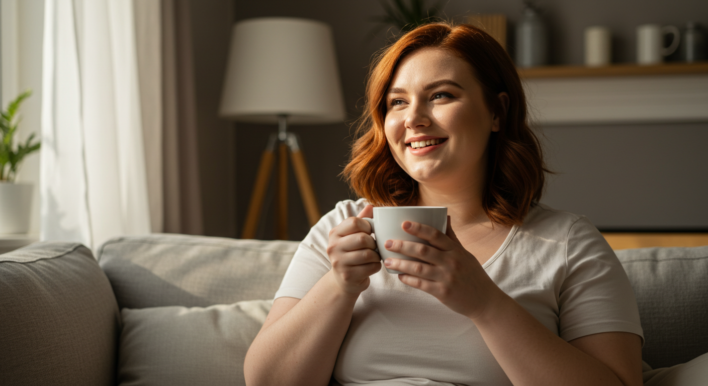 “Smiling woman enjoying a peaceful morning with tea, embracing body positivity and wellness, surrounded by soft natural light and cozy home decor.”