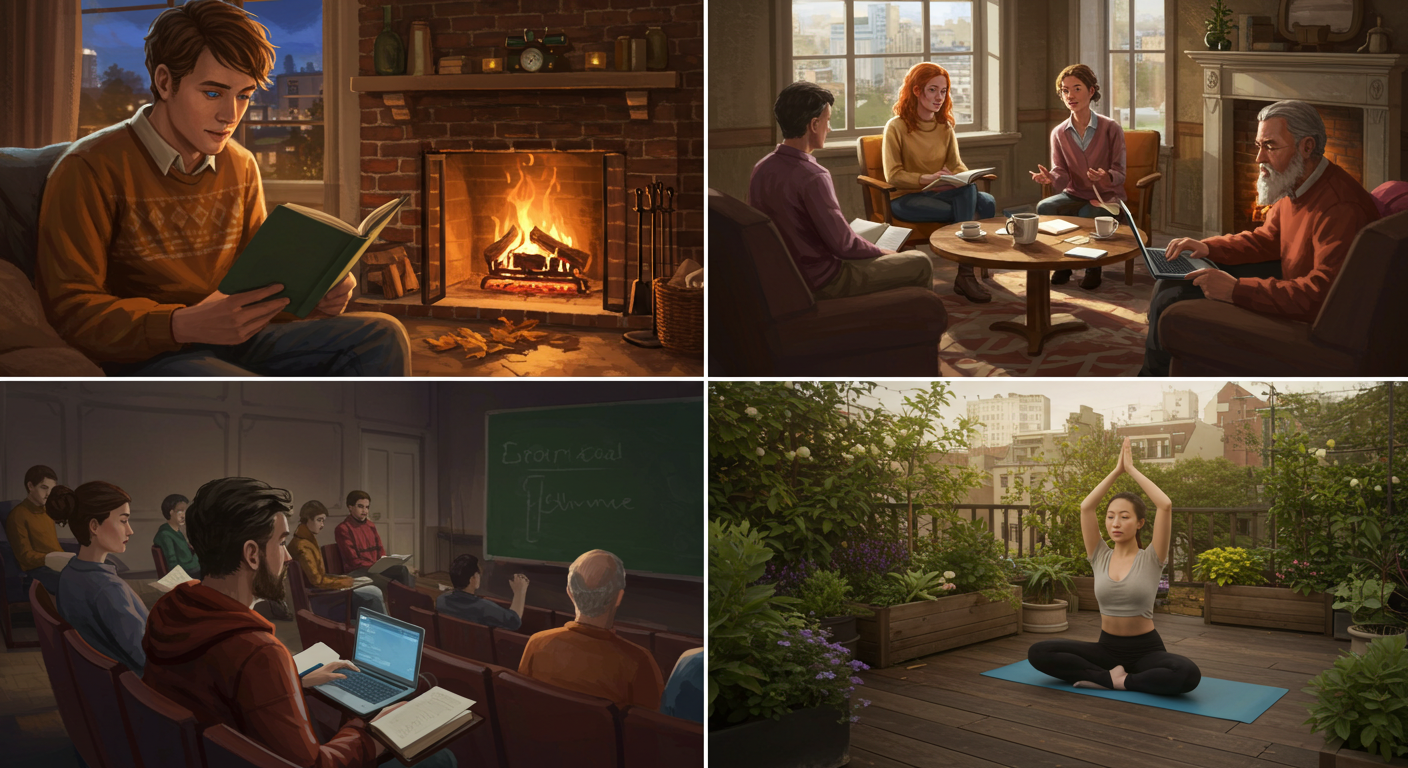 A focused person reading a book with a cup of tea beside them, surrounded by a calm and cozy environment—symbolizing intellectual wellness, lifelong learning, and mental clarity.