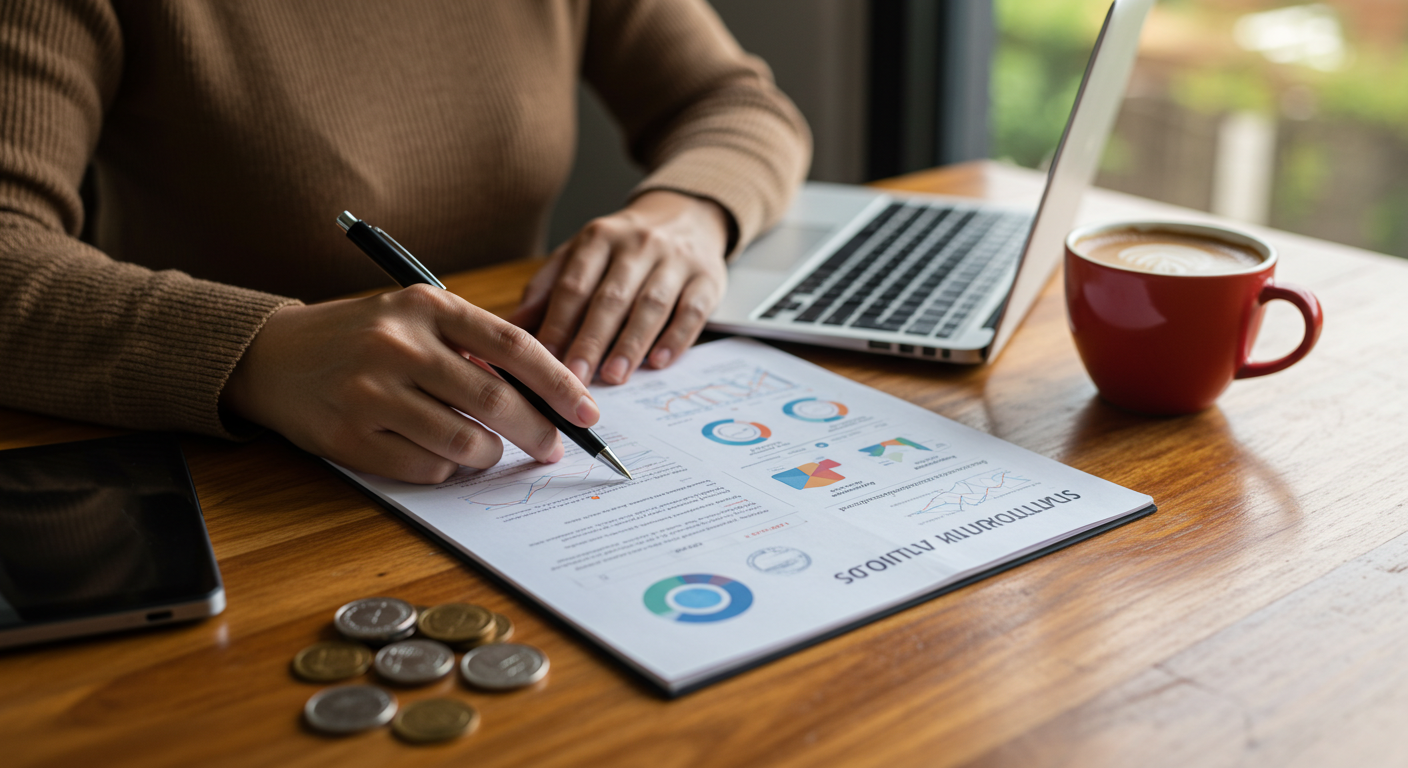 A person reviewing monthly finances with a laptop, notebook, and coffee on the table, practicing financial wellness skills to budget and save money.