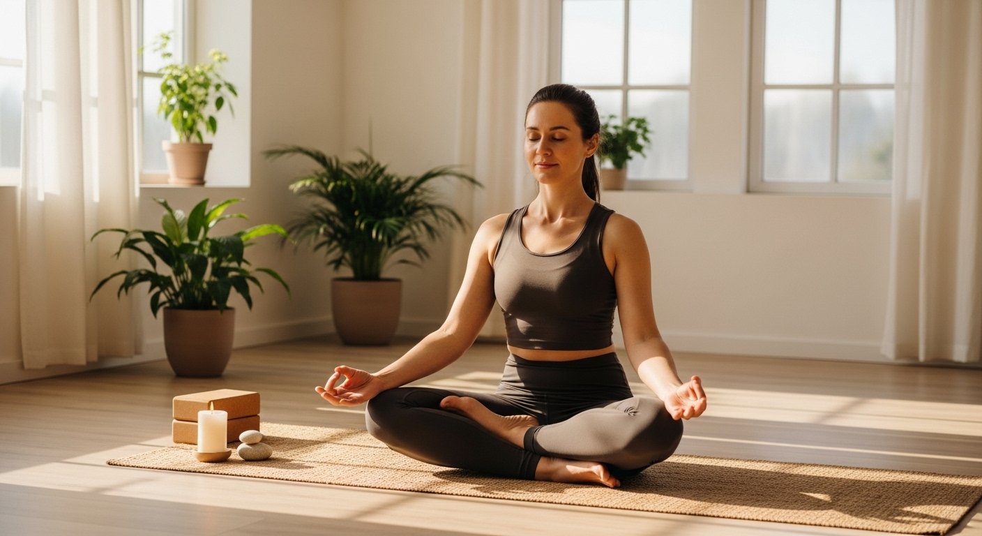 “A woman practicing yoga in a serene space with natural light, symbolizing daily holistic practices for mind, body, and spirit wellness.”