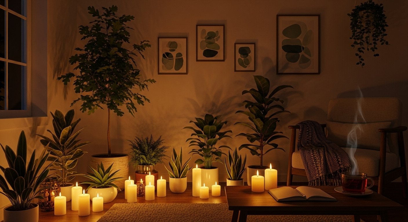 “Calm atmosphere with candles and plants symbolizing emotional healing and resilience.”