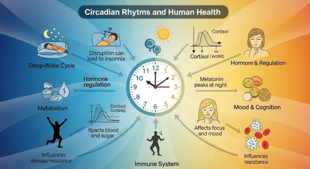 Circadian rhythms are the body's natural 24-hour biological clocks that regulate crucial processes such as sleep-wake cycles, hormone production, metabolism, and body temperature. These rhythms are synchronized primarily by environmental cues like daylight, and when properly aligned, they support optimal physiological and mental functioning.