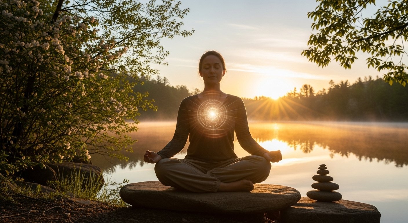 "A calming scene with a person meditating outdoors, symbolizing energy alignment, inner peace, and holistic wellness."