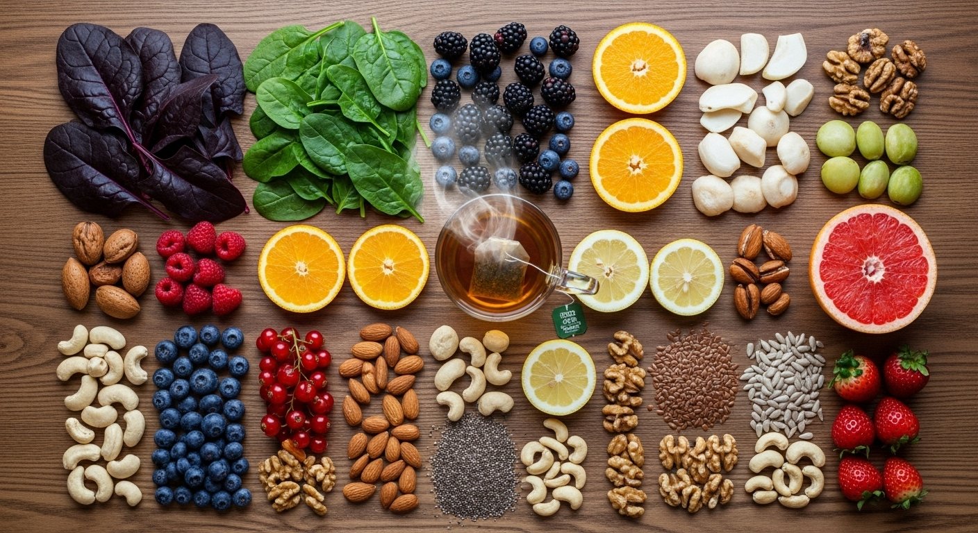 A flat lay of fresh healing foods including leafy greens, berries, citrus fruits, nuts, seeds, and herbal tea on a wooden table, symbolizing natural wellness and nutrition.