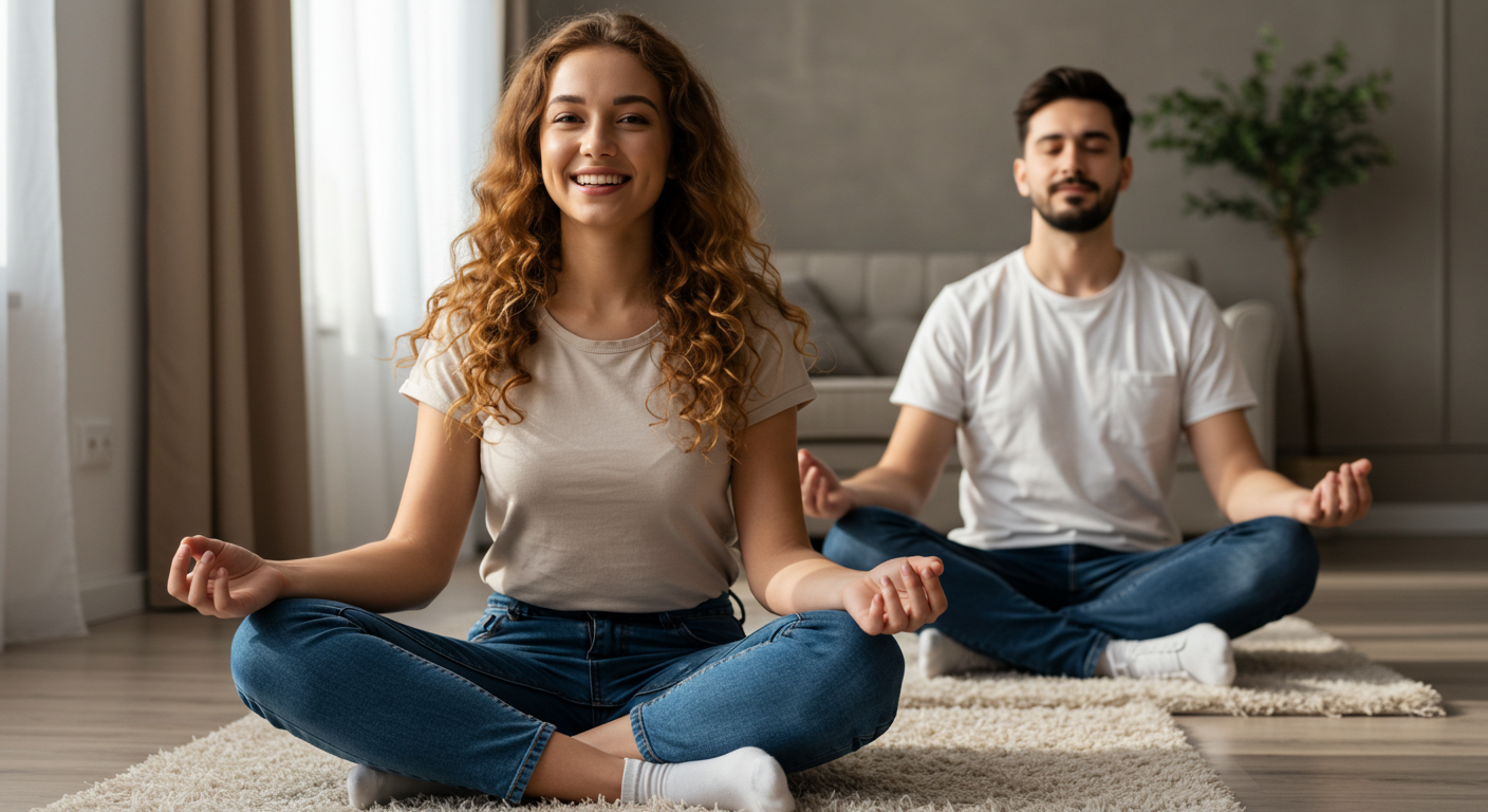 Couple practicing mindfulness together to reduce stress and improve intimacy in their relationship