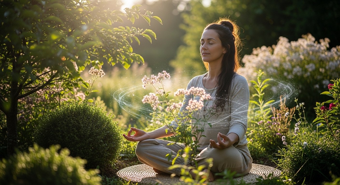 “A calming wellness scene with a woman meditating outdoors, surrounded by greenery and sunlight, symbolizing healing, growth, and inner balance.”
