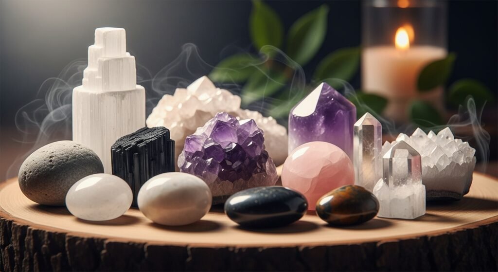 Using stones with healing frequencies like selenite or black tourmaline