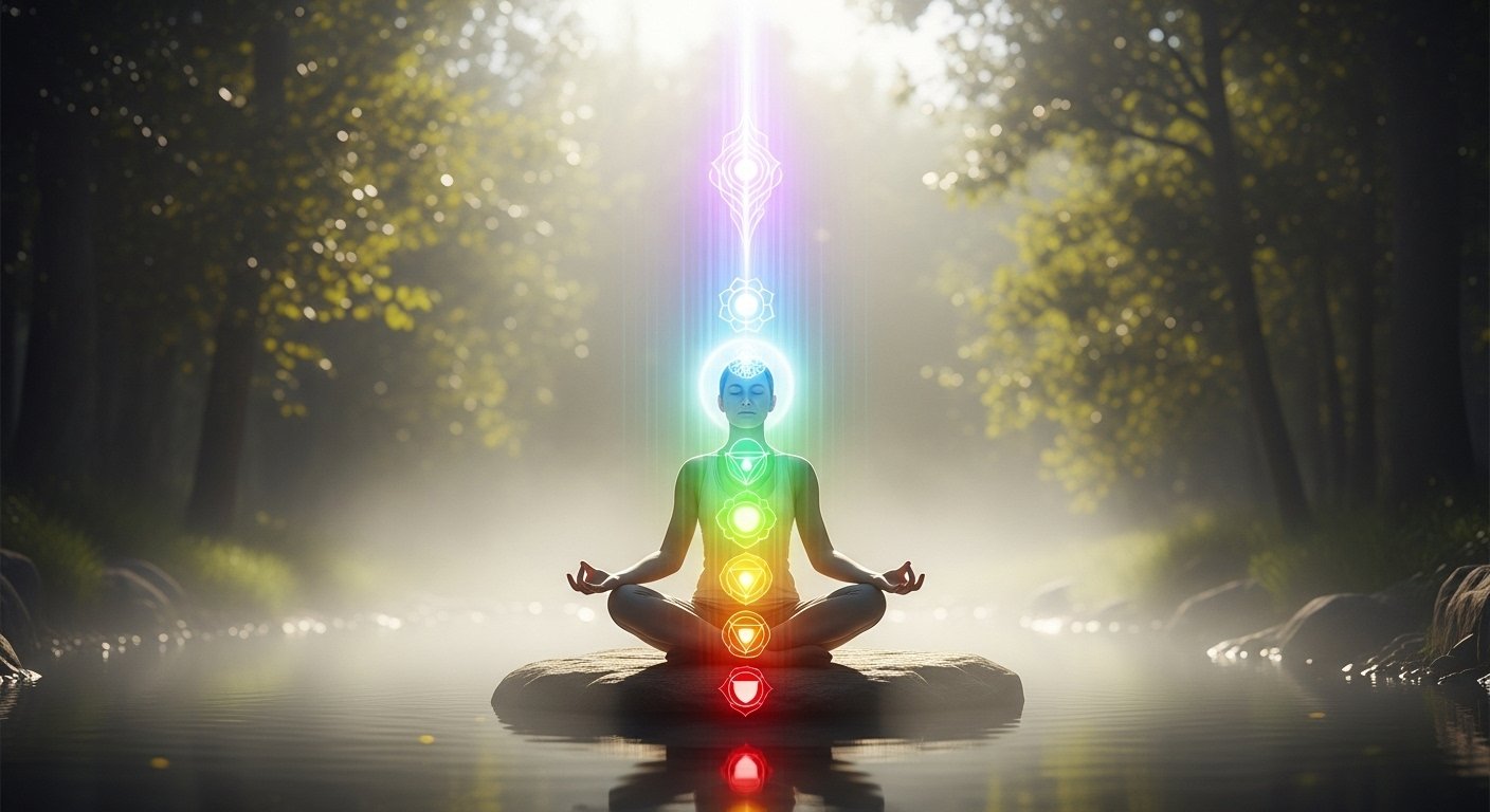 “Calm figure sitting in lotus pose with glowing light aura, representing spiritual awakening stages and healing.”