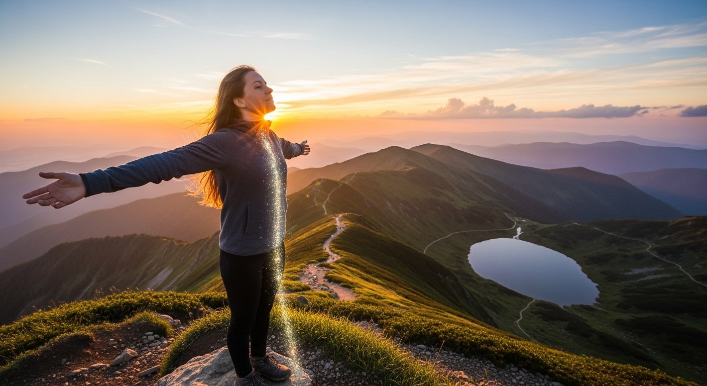 An inspiring spiritual graphic showing the connection between the soul and higher self, symbolizing inner peace, clarity, and authentic living.