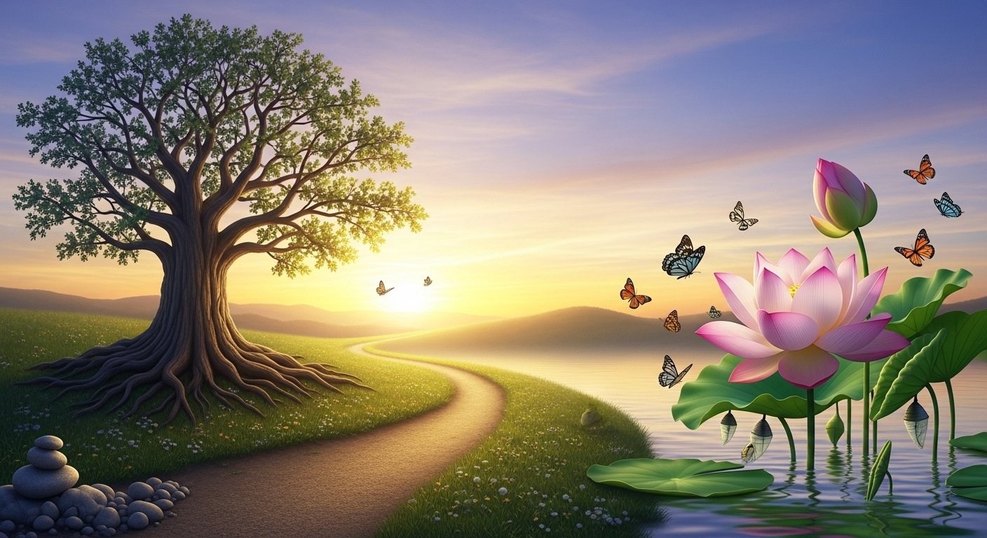 “A calm and inspiring scene symbolizing transformation and growth mindset, showing balance, inner strength, and positive change.”