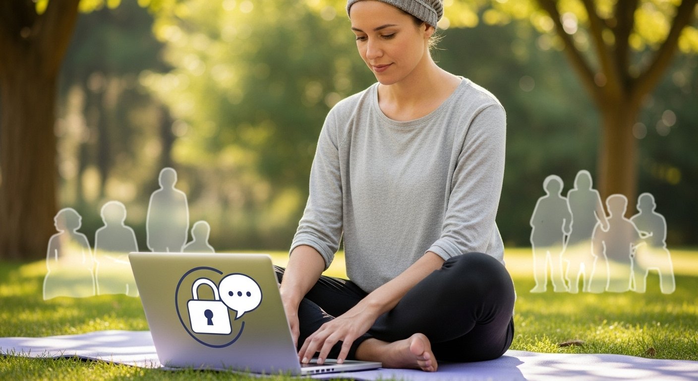 A mindful person using a laptop in a calm, well-lit space, symbolizing digital safety, mindful communication, and a supportive online community.
