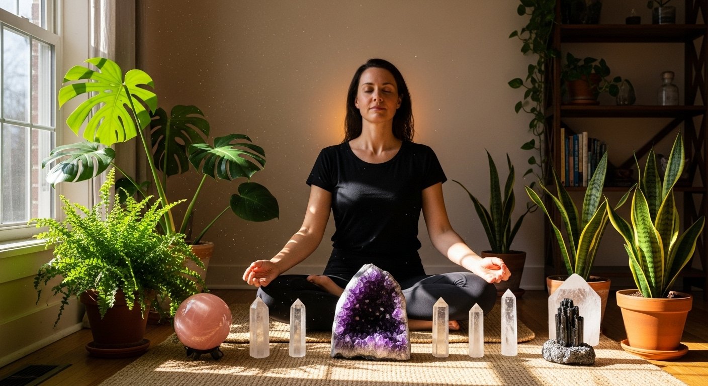 A calm woman meditating in a sunlit room surrounded by crystals and plants, symbolizing spiritual awakening, grounding, and emotional safety.