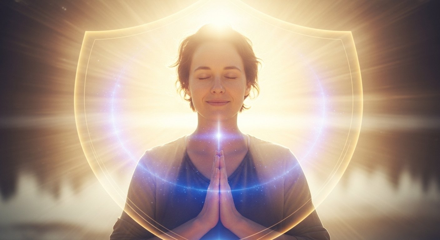 “A serene person surrounded by soft light, symbolizing mental clarity, emotional protection, and psychological self-defense.”