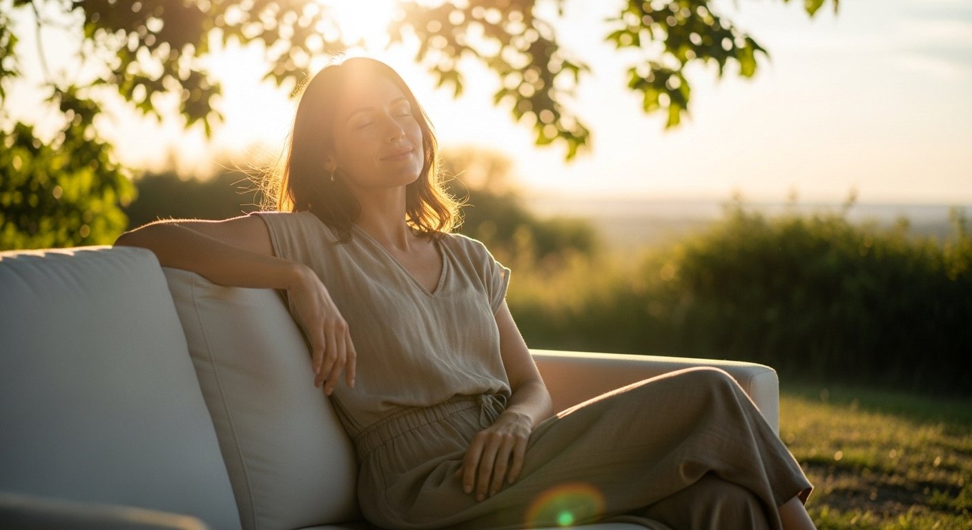 A woman sitting peacefully outdoors on sofa with sunlight around her, symbolizing openness, change, and personal transformation through self-awareness.