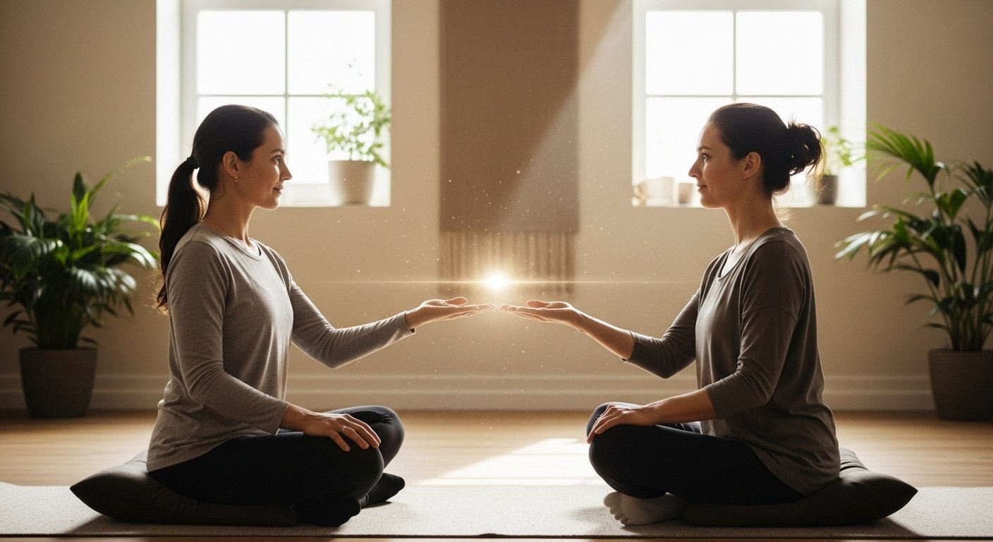 A calm wellness practitioner and client seated in a peaceful studio, symbolizing healthy boundaries, emotional safety, and balanced energy during a healing session.
