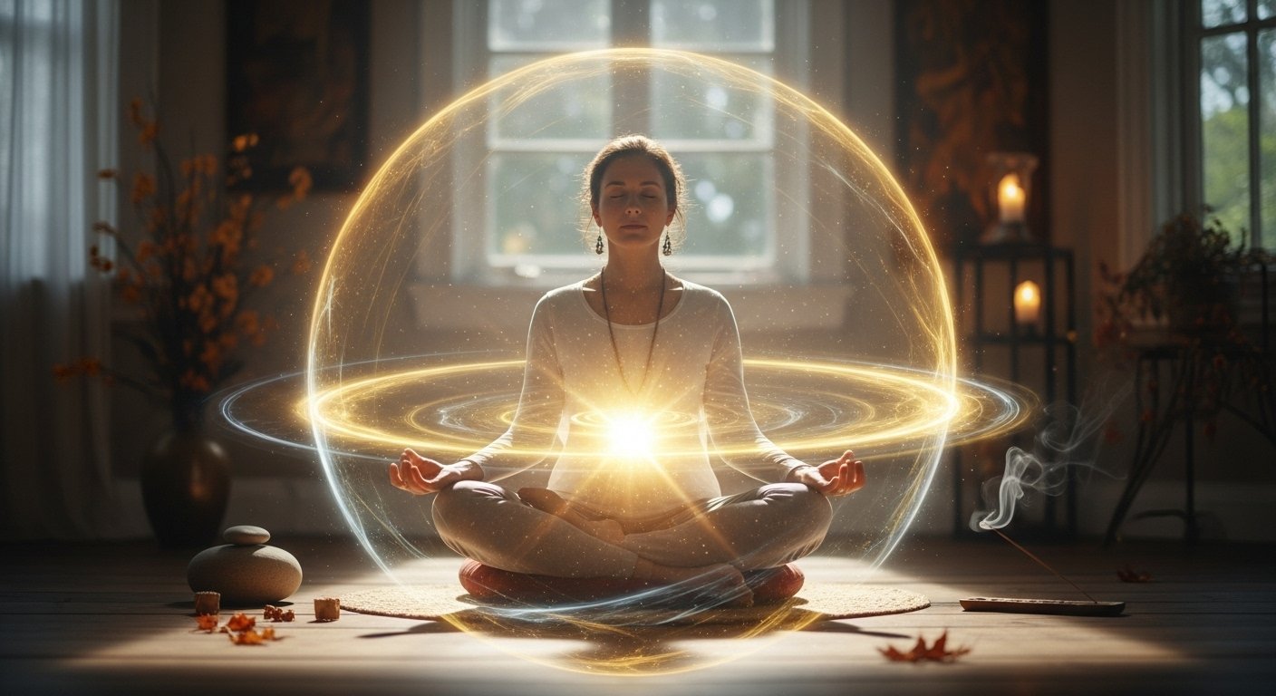 A person practicing protective meditation and visualization inspired by Bahlon’s teachings, surrounded by soft glowing energy light symbolizing aura protection and spiritual grounding.