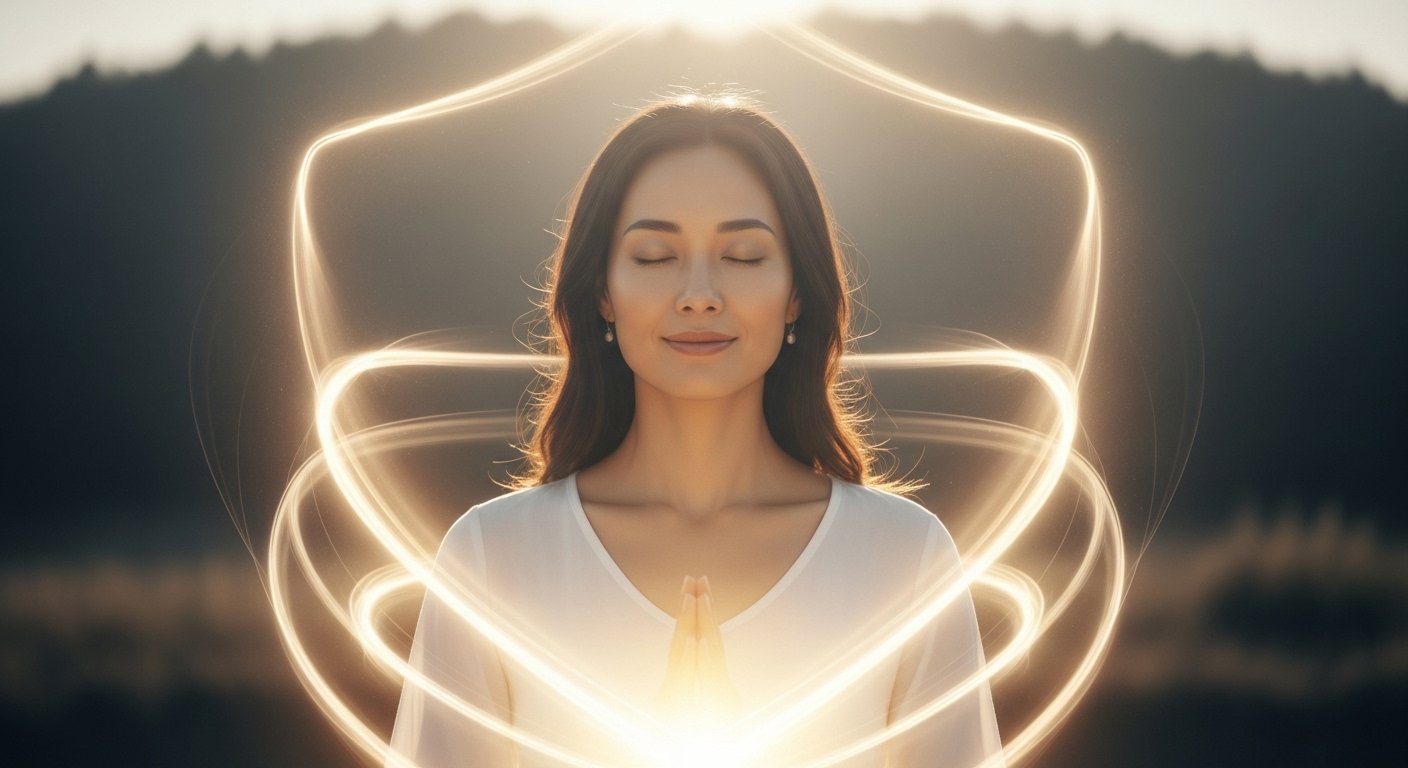 A peaceful woman surrounded by soft light, visualizing a glowing energy shield around her body — symbolizing spiritual protection, grounding, and inner peace.
