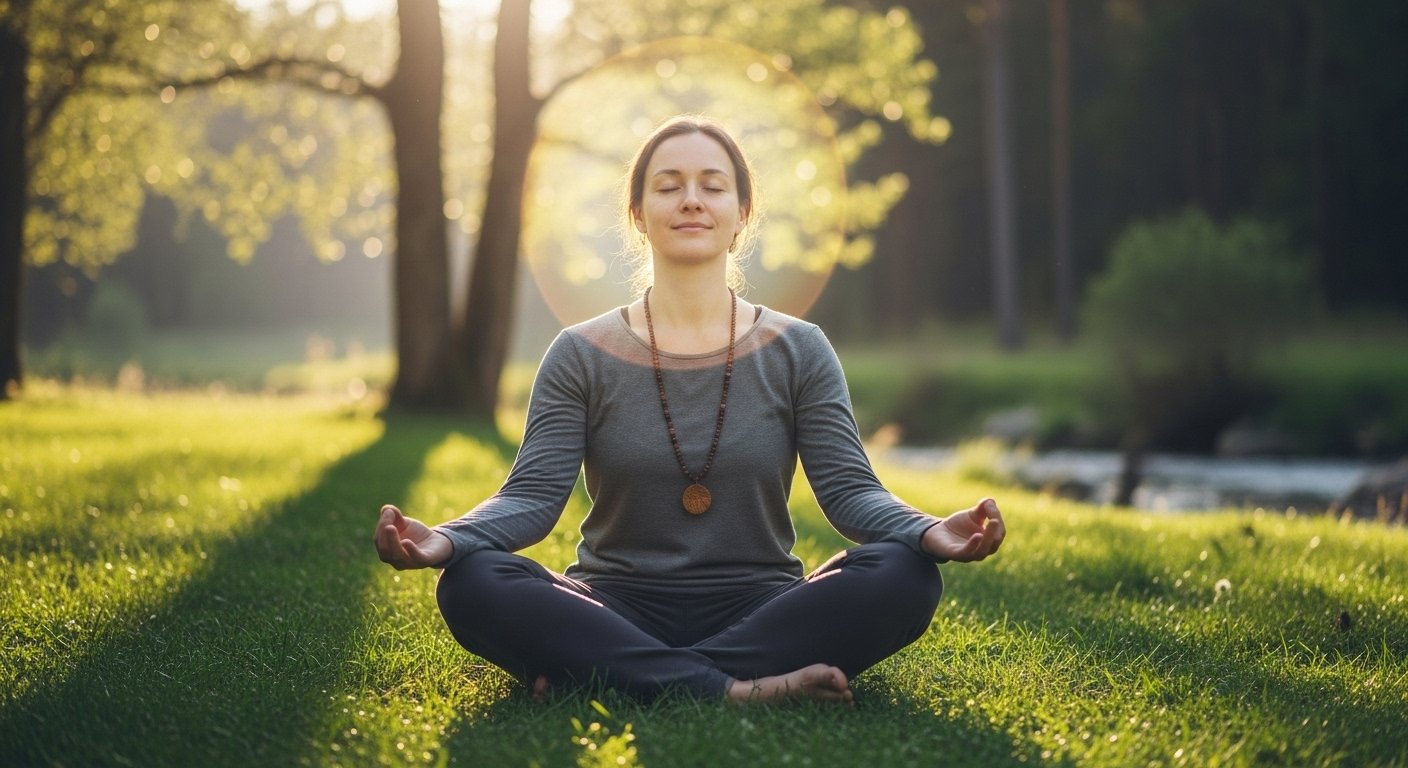 A serene person meditating outdoors, barefoot on grass, surrounded by calming natural light — symbolizing spiritual safety, grounding, and inner balance.