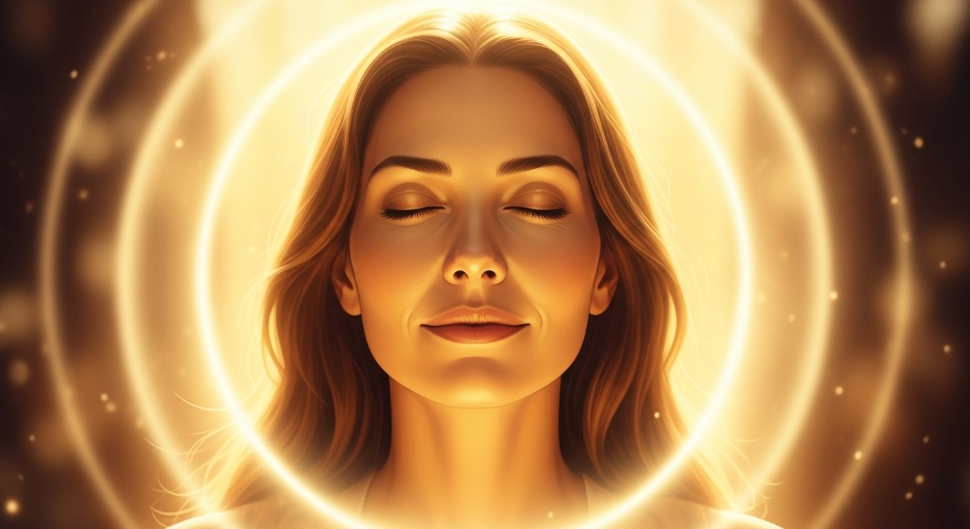 A calm woman surrounded by a soft golden light, symbolizing strong spiritual boundaries and peaceful energy protection.