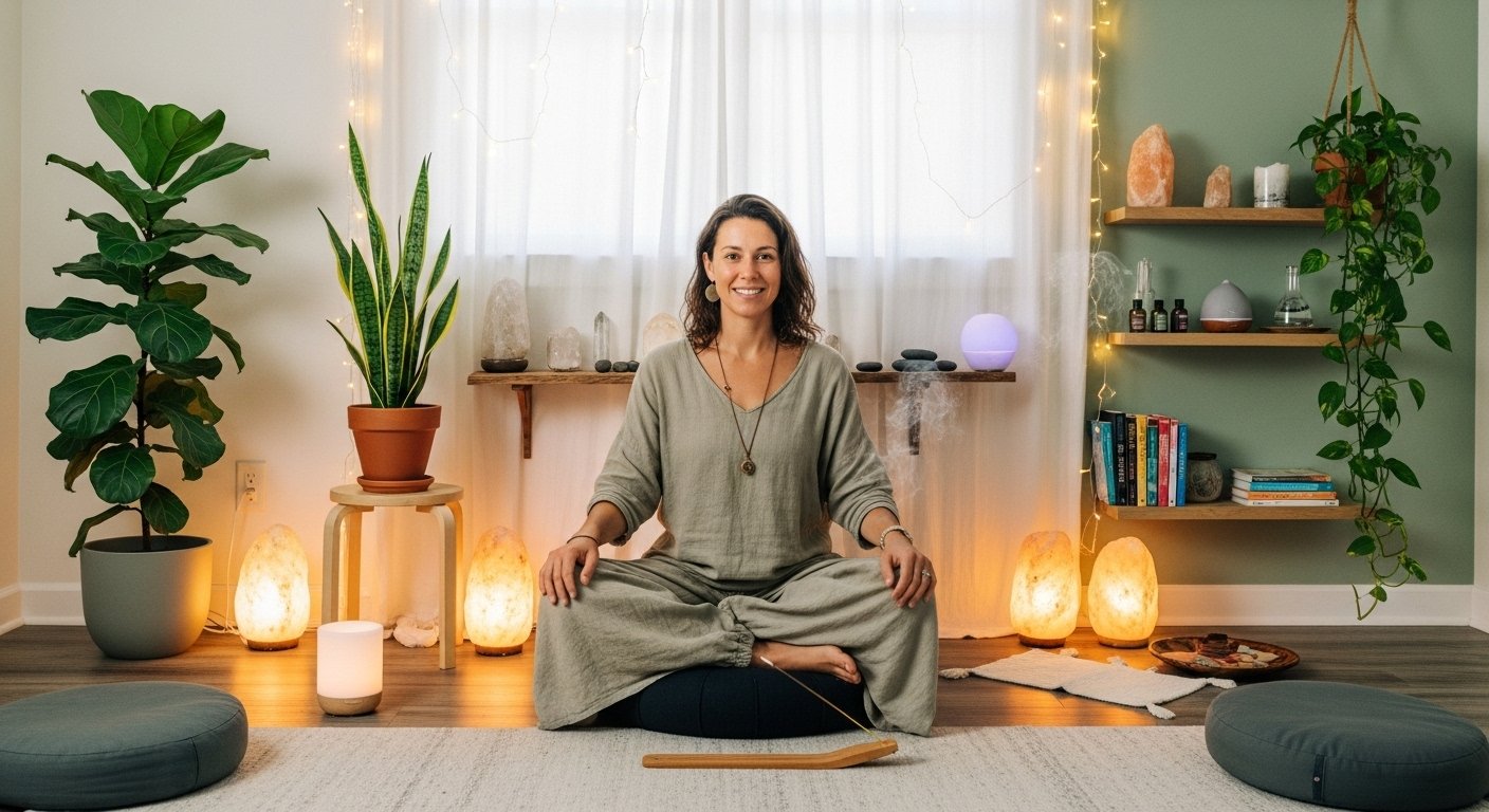 A holistic wellness practitioner creating a calm and safe healing environment with soft lighting, plants, and balanced energy — symbolizing physical safety, trust, and mindful practice in holistic healing.
