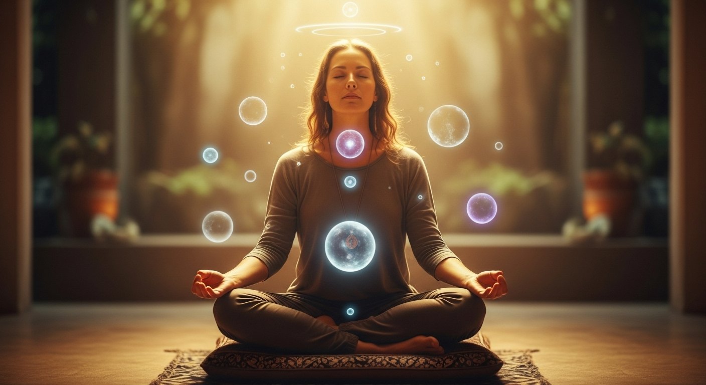 A serene person meditating under soft golden light, surrounded by gentle energy orbs, symbolizing connection with spiritual guides, inner peace, and divine communication.