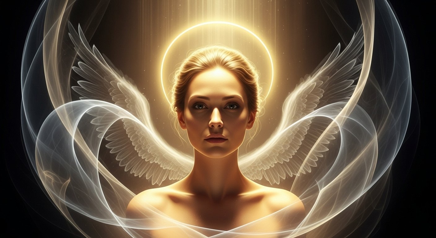 A serene woman meditating under soft golden light, symbolizing divine guidance and angelic protection surrounding her energy field.