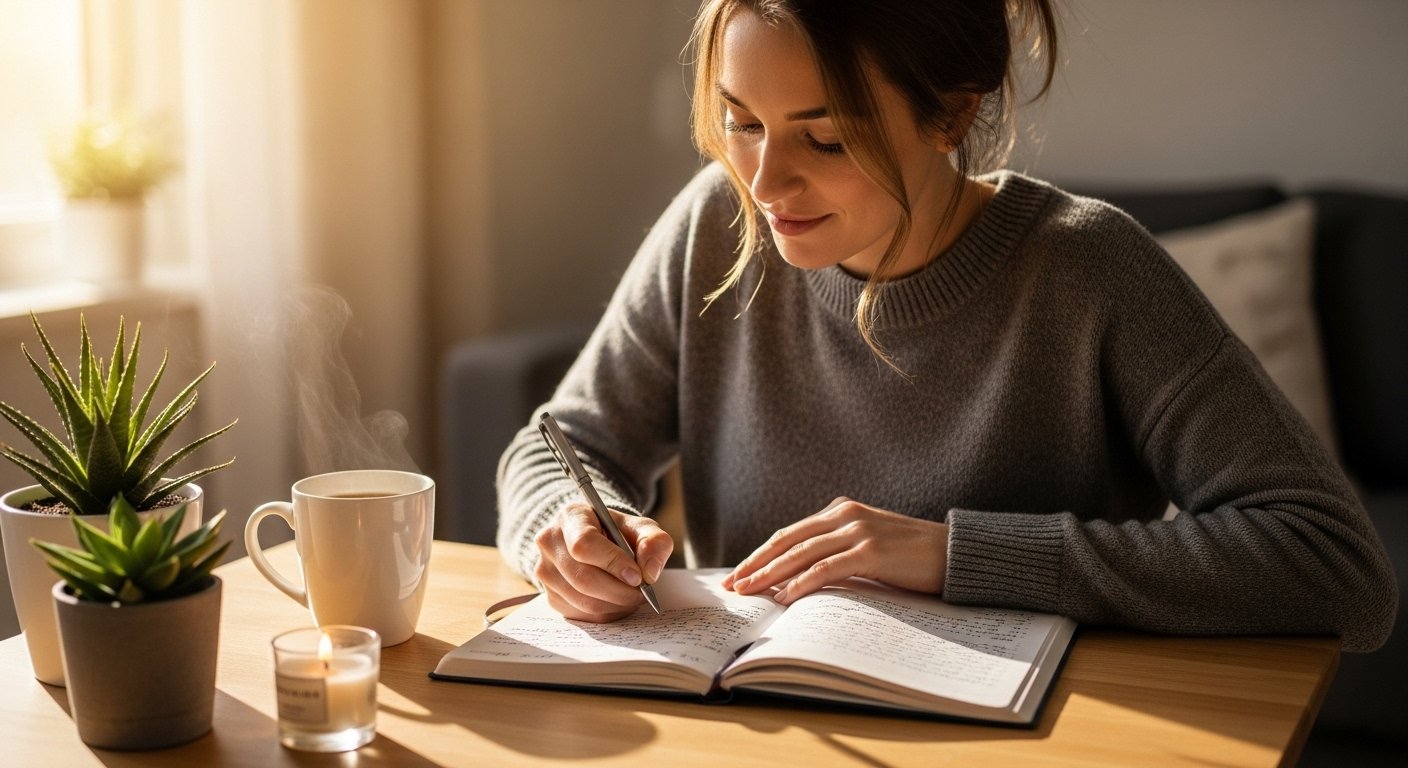 Woman practicing gratitude journaling as part of her daily self-care ritual.