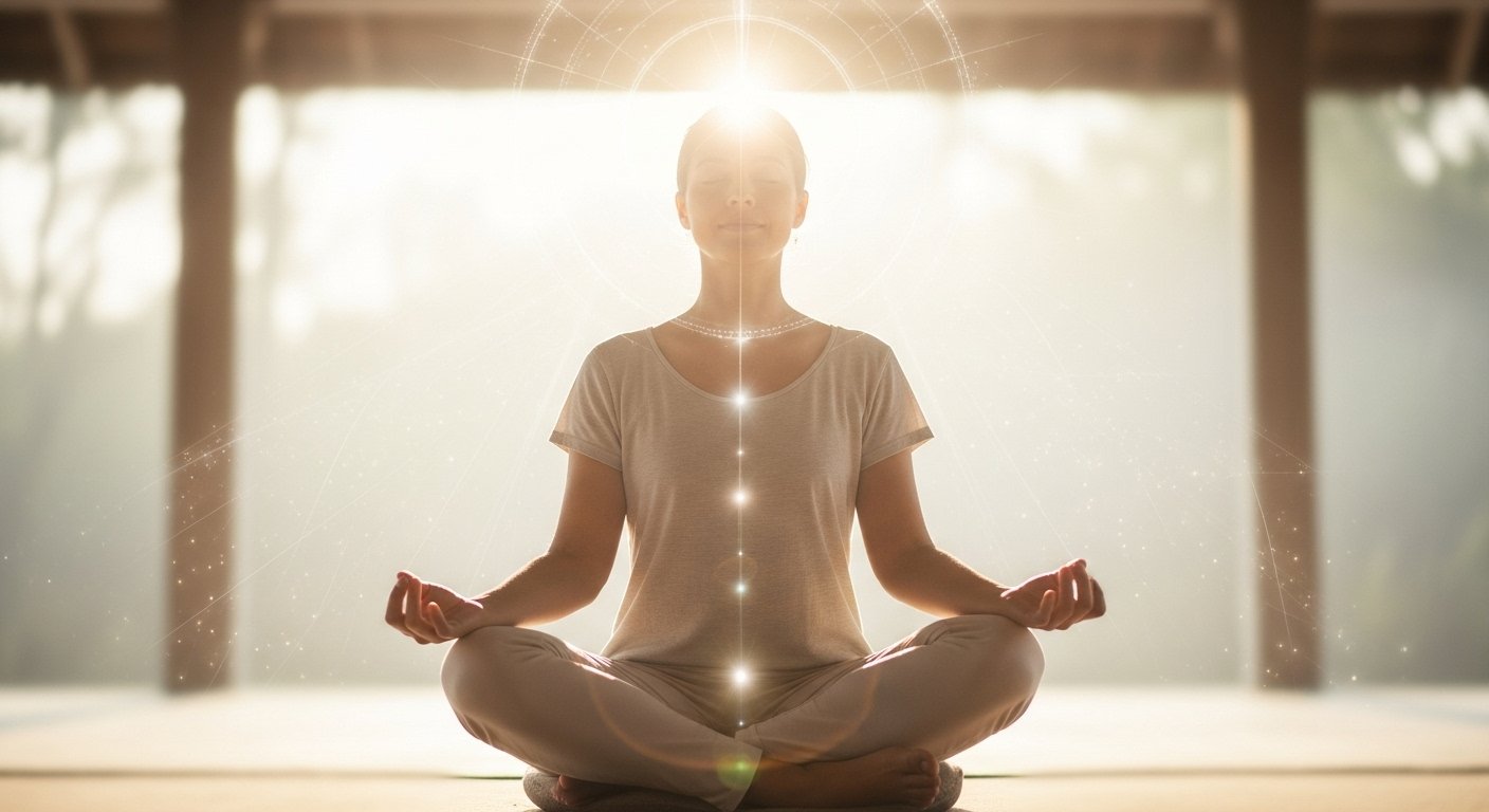 A calm person meditating in a peaceful light-filled space, symbolizing spiritual channeling, divine guidance, and intuitive connection.