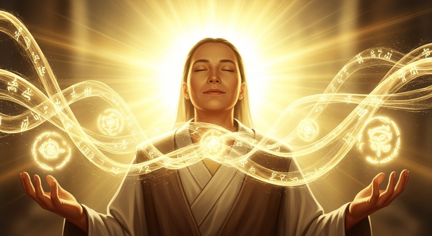 A serene figure surrounded by soft golden light and energy waves, symbolizing divine communication, spiritual guidance, and the flow of Bahlon’s channeled messages bringing peace and clarity.