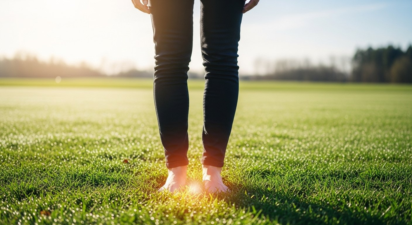 Person standing barefoot on grass, connecting with the earth as a grounding practice to restore balance and calm.