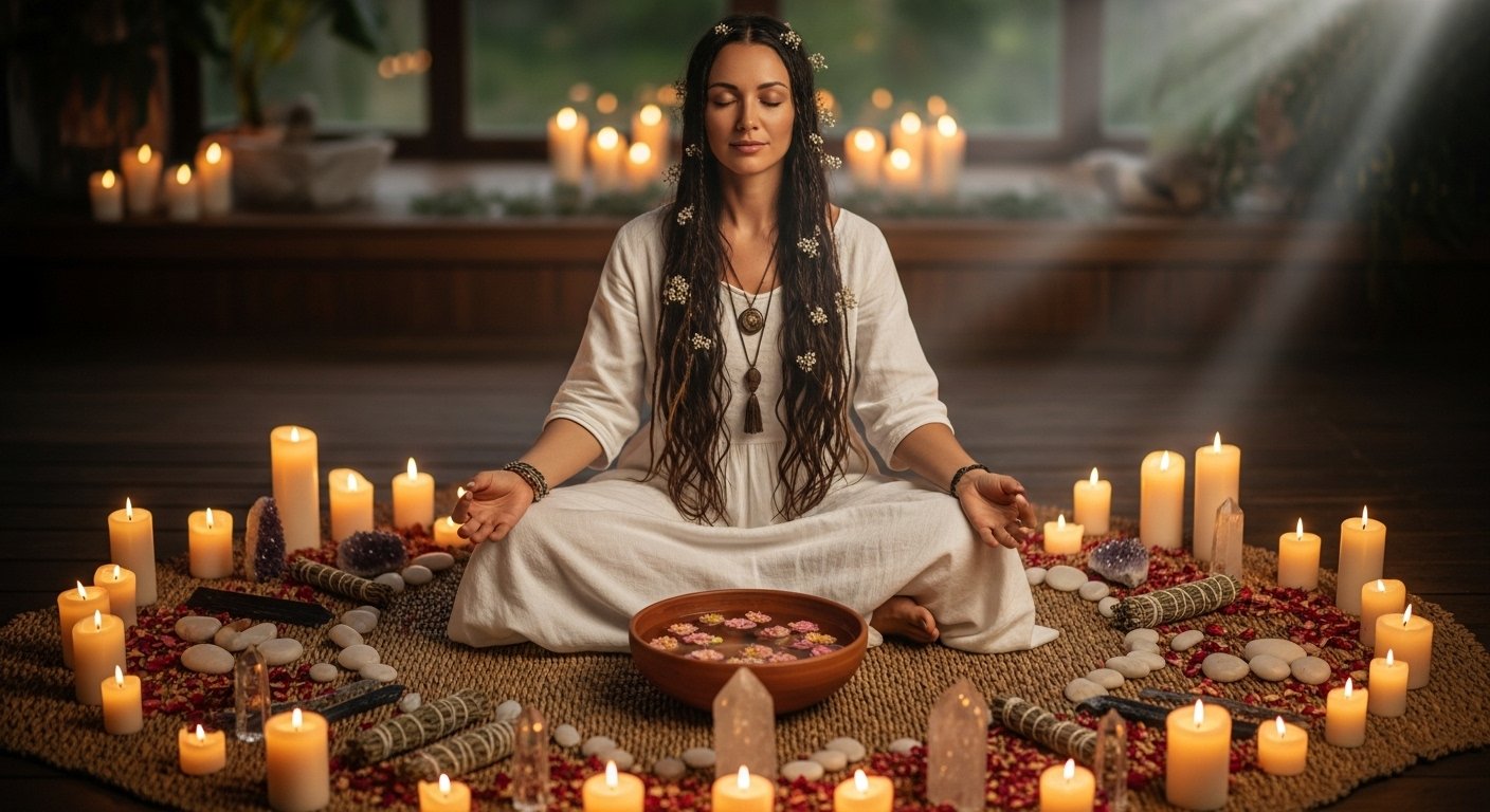 A serene woman surrounded by candles and natural elements performing a safe detox ritual, symbolizing purification, healing energy, and spiritual renewal.