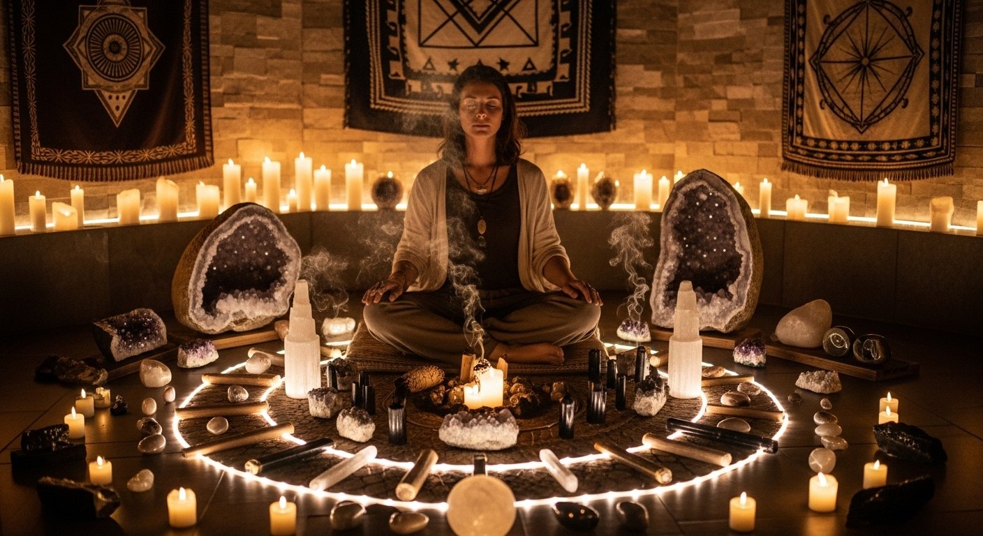 A calm person meditating in a softly lit sacred space surrounded by crystals and candles, symbolizing energy preparation for channeling, spiritual alignment, and grounding.