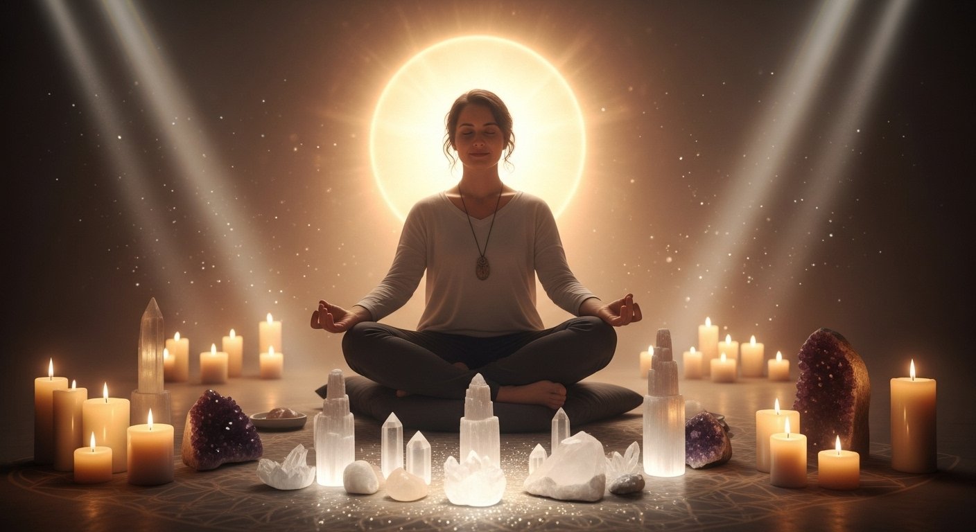 A serene person meditating in a softly glowing sacred space, surrounded by candles and crystals, symbolizing safe and ethical channeling, spiritual integrity, and divine connection.