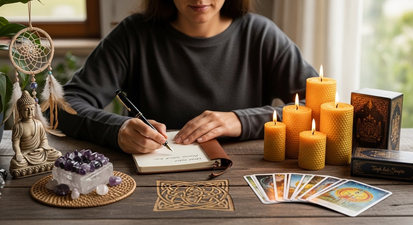 A peaceful person sitting at a desk with a notebook and candlelight, writing intuitively while surrounded by calming spiritual symbols — representing automatic writing, higher guidance, and divine communication.