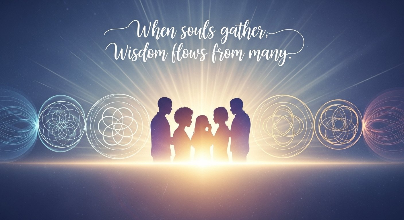 A soft, spiritual-themed graphic with glowing light and silhouettes or symbols representing a group, with the quote “When souls gather, wisdom flows from many,” symbolizing unity, collective energy, and shared spiritual insight.