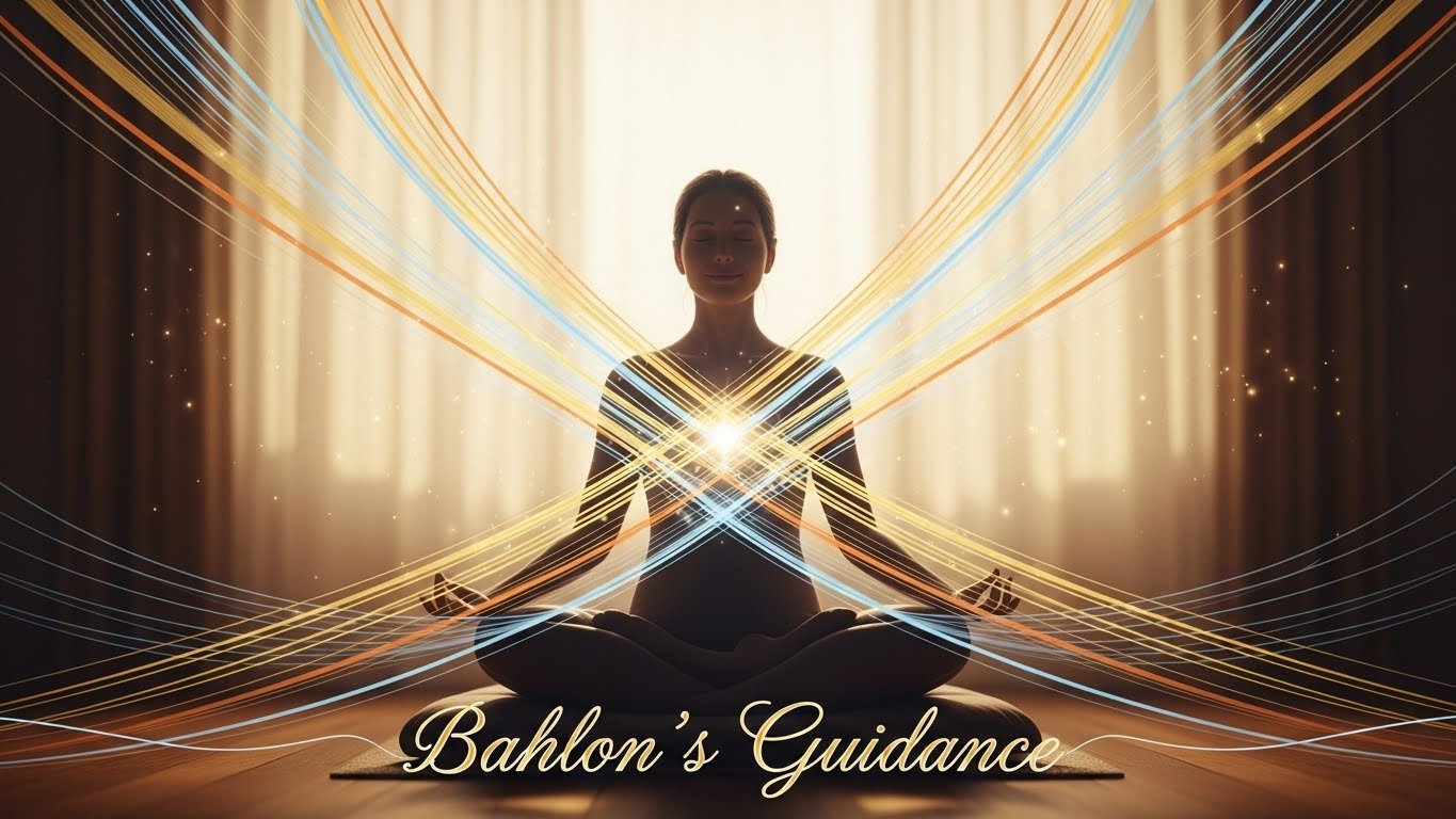 A calming wellness-themed image showing soft light, balanced energy lines, and a peaceful figure releasing stress, symbolizing aligned wellness through Bahlon’s guidance.