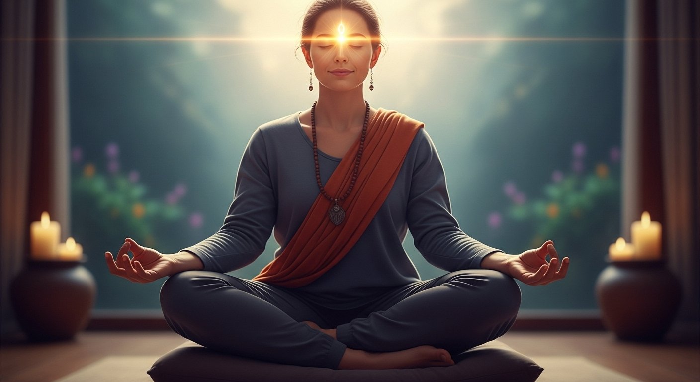 A serene person meditating with soft light around the third-eye area, symbolizing developing intuition, clairvoyance, and spiritual insight.