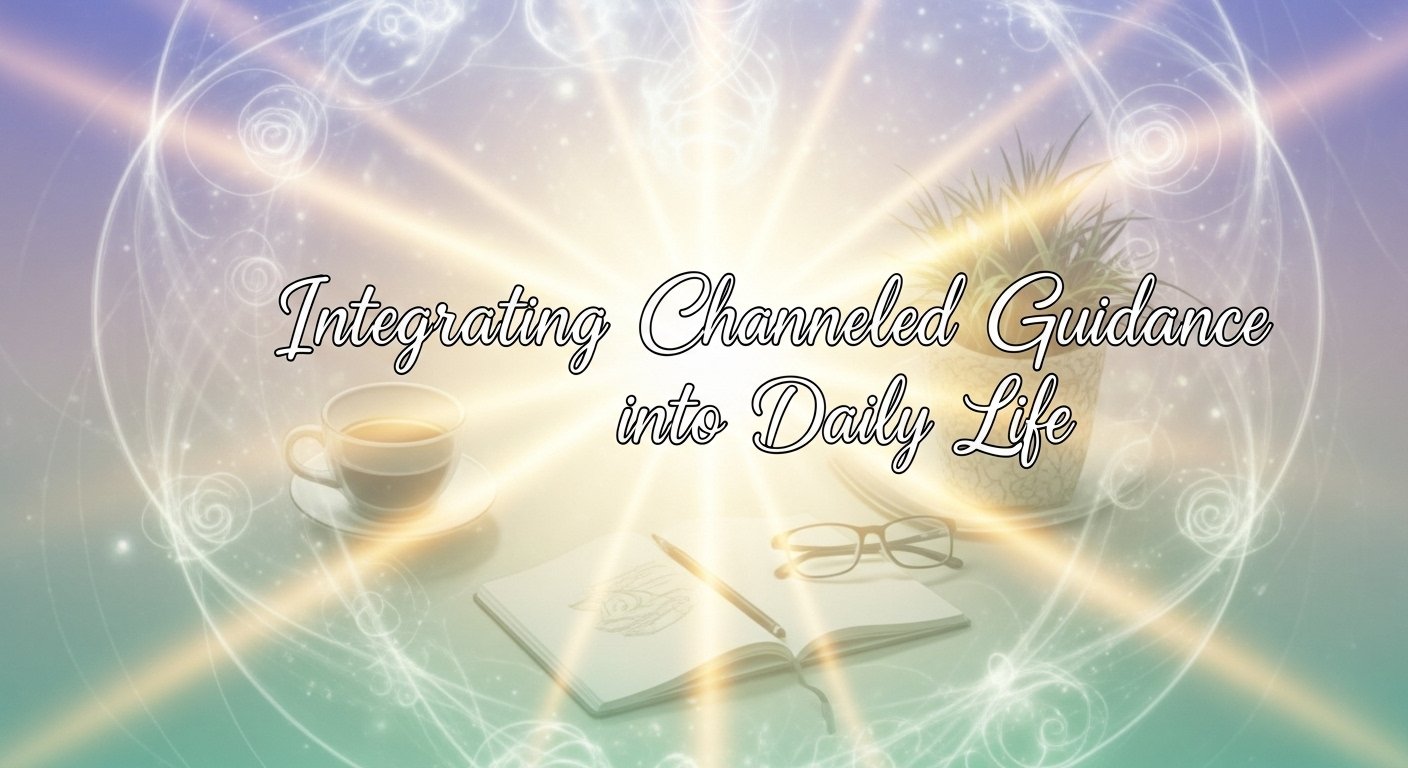 A calming spiritual-themed image with light beams, soft colors, and text reading “Integrating Channeled Guidance into Daily Life,” symbolizing intuitive living and everyday spiritual alignment.