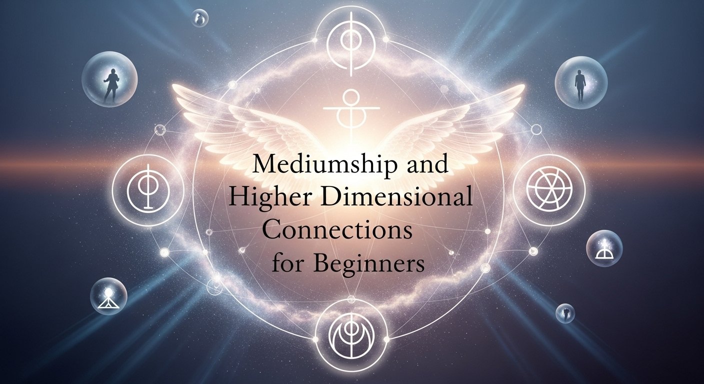 A calming spiritual-themed graphic with soft light, symbols of higher realms, and text reading “Mediumship and Higher Dimensional Connections for Beginners,” representing intuitive development and spiritual connection.