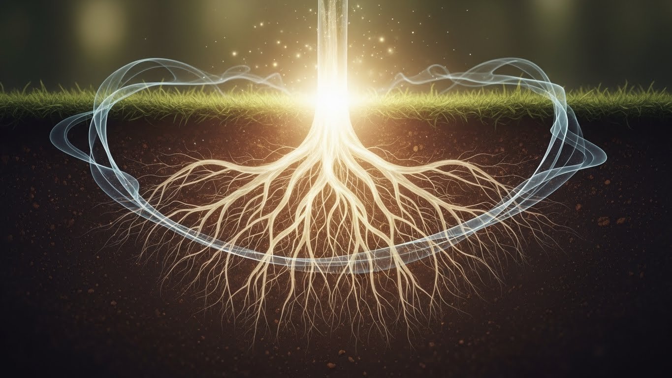 A calming wellness-themed image showing roots, grounding energy, and soft light to symbolize healing from within using Bahlon’s inner-guided teachings.