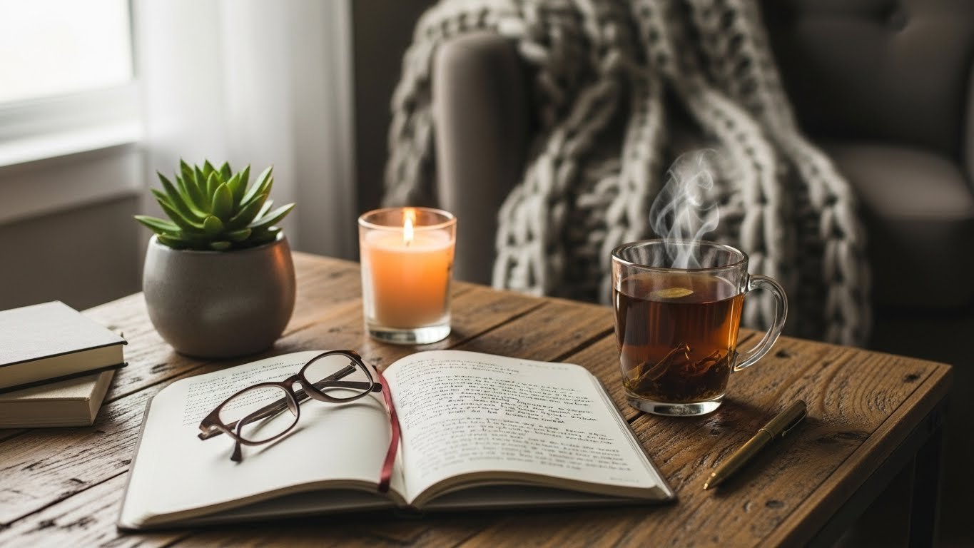 An open journal with handwritten reflections placed beside a warm cup of tea in a calm, cozy setting, symbolizing soulful journaling, self-care, and emotional awareness.