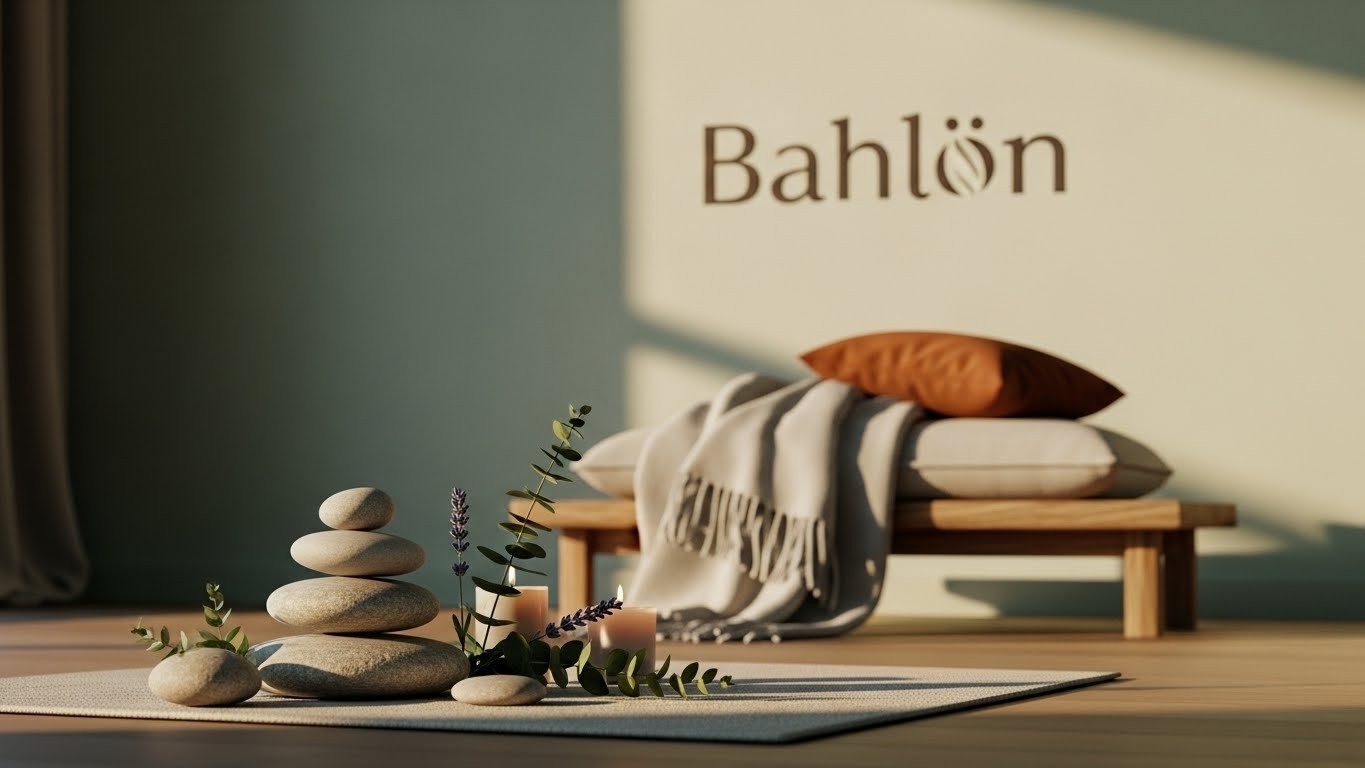 A calm wellness-themed image with soft light and grounded tones, symbolizing balance, rest, and sustainable wellness through Bahlon’s guidance.