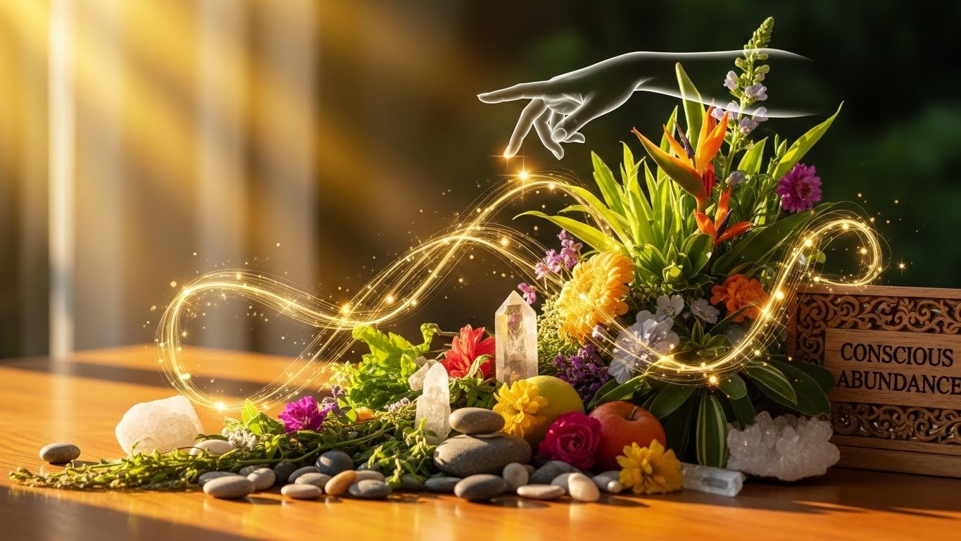A serene abundance-themed image with warm light, balanced energy flow, and natural elements, symbolizing aligned wealth, wellness, and conscious abundance through Bahlon’s guidance.
