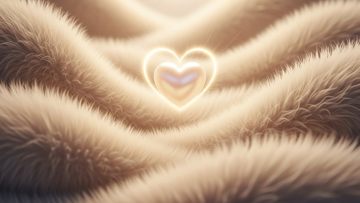 Soft beige fluffy textures surrounding a glowing pearl heart, symbolizing a high-vibration lifestyle, emotional alignment, and elevated energy.
