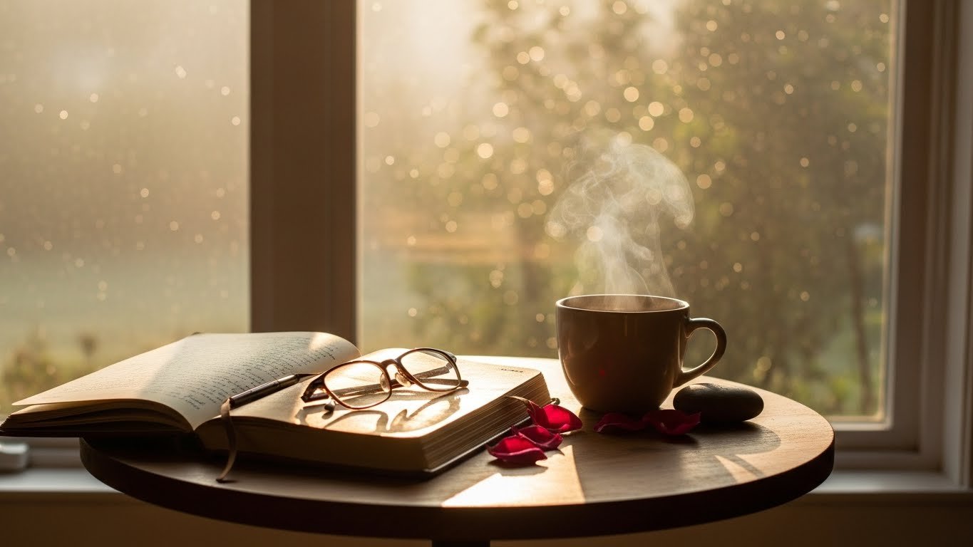 A peaceful morning scene with sunlight streaming through a window, a journal and cup of tea on a quiet table, symbolizing a mindful morning ritual focused on clarity, intention, and purposeful living.