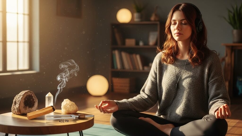 432Hz music listening retunes frequency and vibration wellness method standard 440Hz concert pitch to mathematical golden ratio harmonizing heart-brain coherence instantly promoting parasympathetic dominance elegantly. 