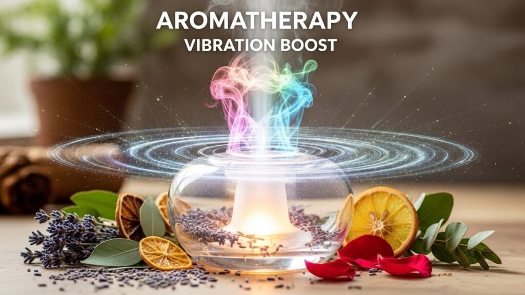 Aromatherapy vibration boost infuses frequency and vibration wellness method essential oils raising olfactory nerve frequencies elevating limbic mood centers immediately.