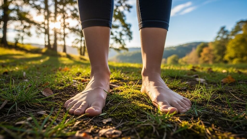 Barefoot earthing delivers grounding and earth connection technique through direct skin-to-soil electron transfer neutralizing free radicals causing anxiety inflammation instantly. 
